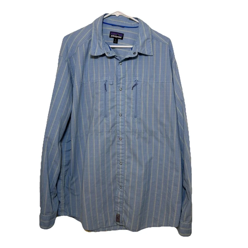 Patagonia Fishing Shirt‎ Mens XL Blue White Long Sleeve Zip Pockets Outdoors